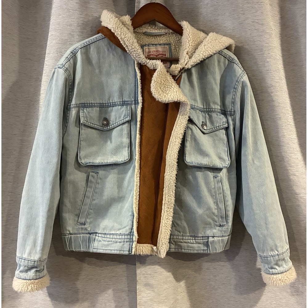 Levis Mixed Denim Hooded Sherpa Lined Moto Jacket Size XS